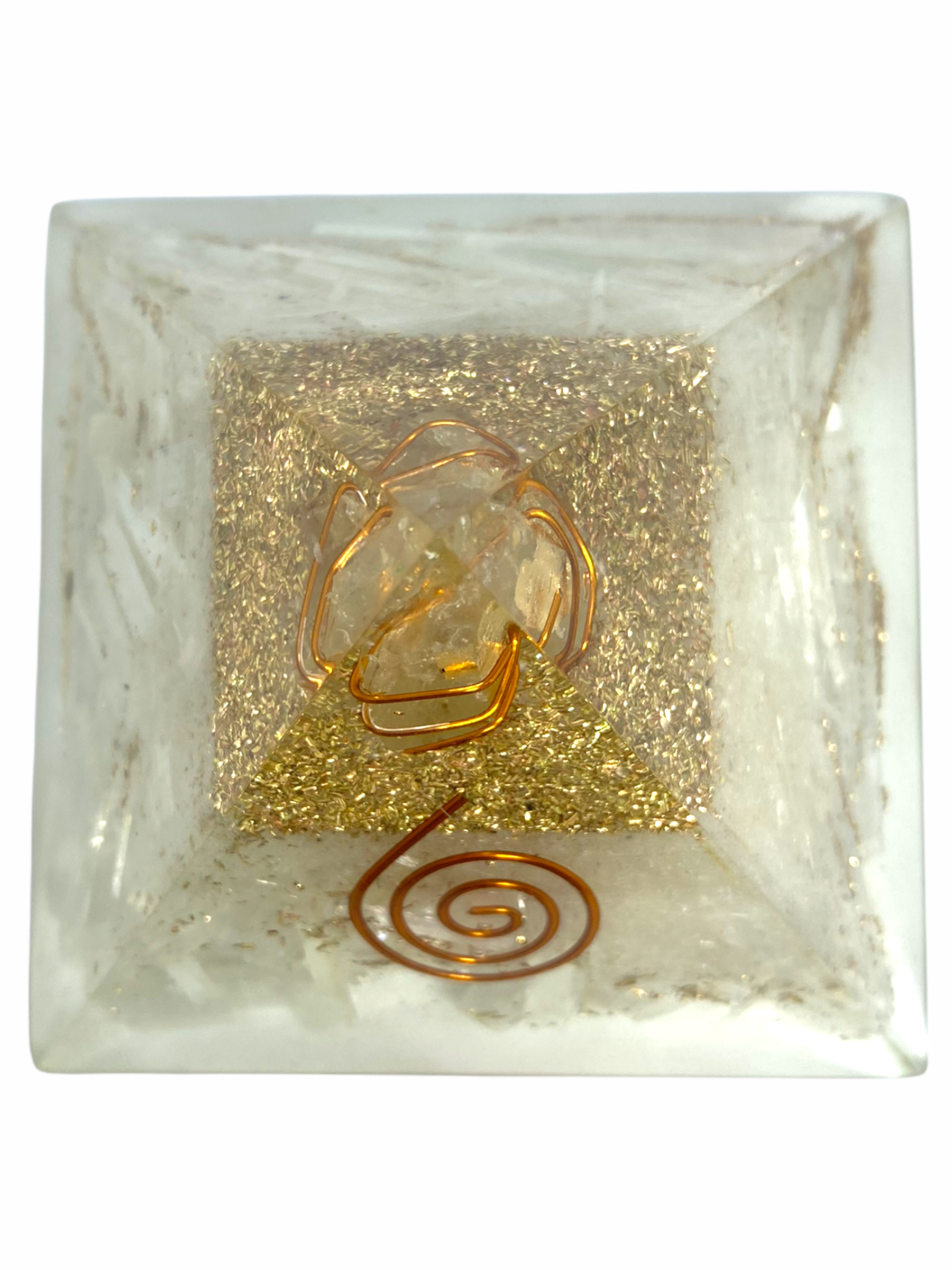 Spiritual Elementz Reiki Charged Selenite Orgone Pyramid (3'Inch) with Clear Crystal Gemstone Copper Metal