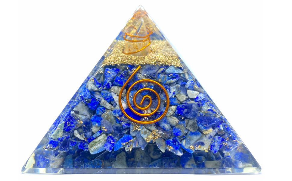 Spiritual Elementz Lapis Lazuli Orgone Pyramid Reiki Charged Chakra Healing (3'Inch) with Clear Gemstone & Copper Metal Ring (for Balancing & Soul Connection)