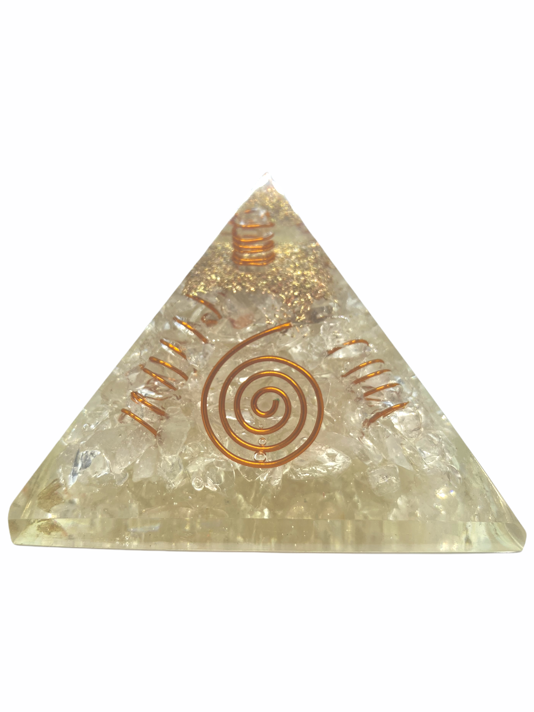 Spiritual Elementz Reiki Charged Chakra Healing 4 Sided Copper Coil Crystal Orgone Pyramid (3' Inch) with Clear Crystal Gemstone Copper Metal (Stone of Purity & Positivity)