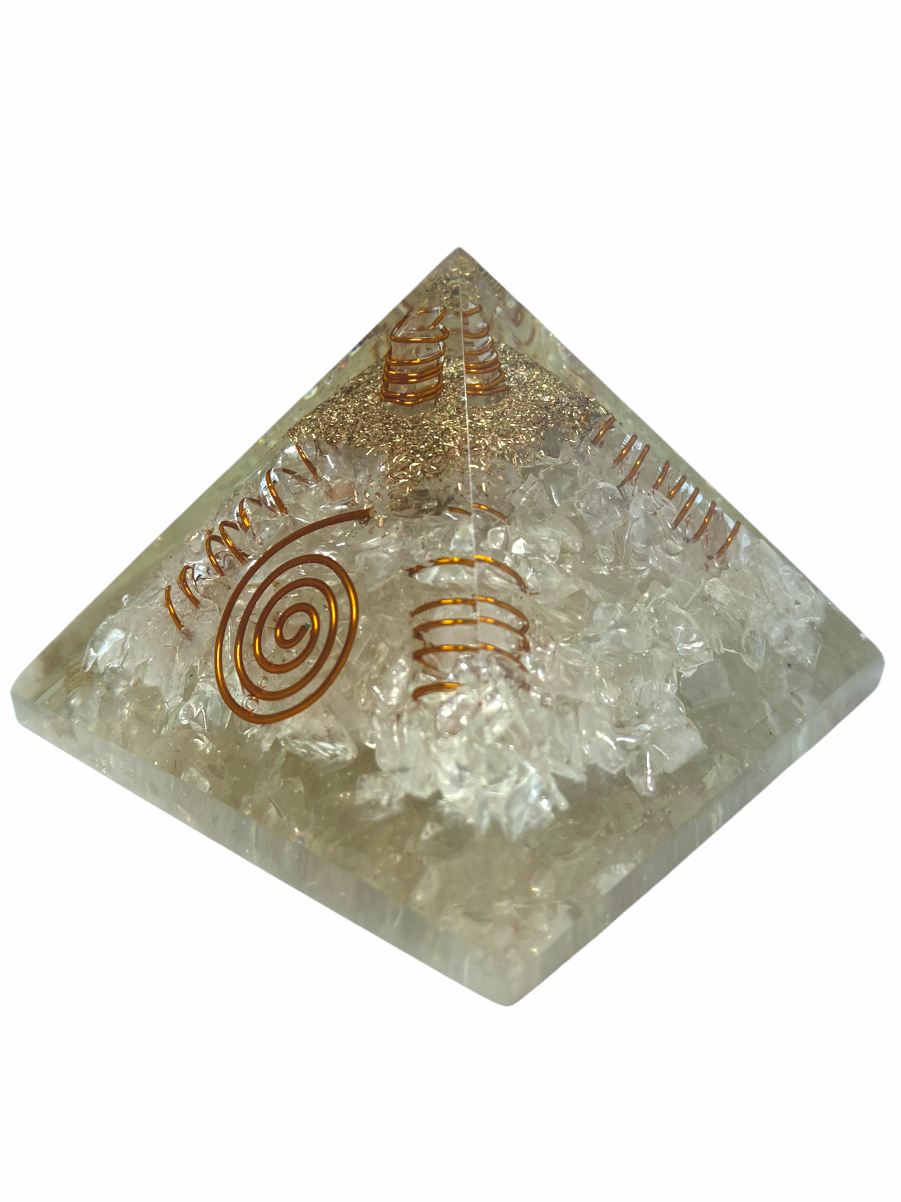Spiritual Elementz Reiki Charged Chakra Healing 4 Sided Copper Coil Crystal Orgone Pyramid (3' Inch) with Clear Crystal Gemstone Copper Metal (Stone of Purity & Positivity)