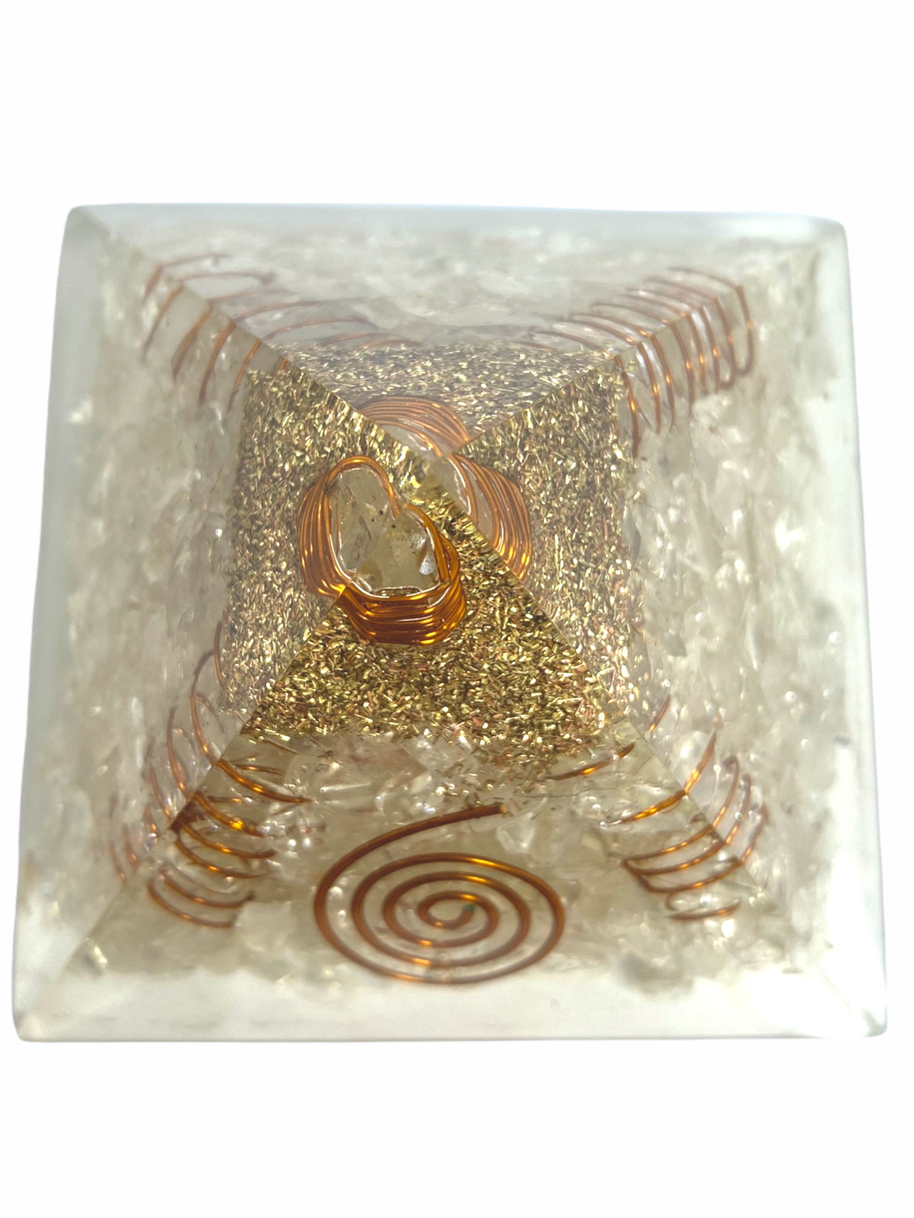 Spiritual Elementz Reiki Charged Chakra Healing 4 Sided Copper Coil Crystal Orgone Pyramid (3' Inch) with Clear Crystal Gemstone Copper Metal (Stone of Purity & Positivity)