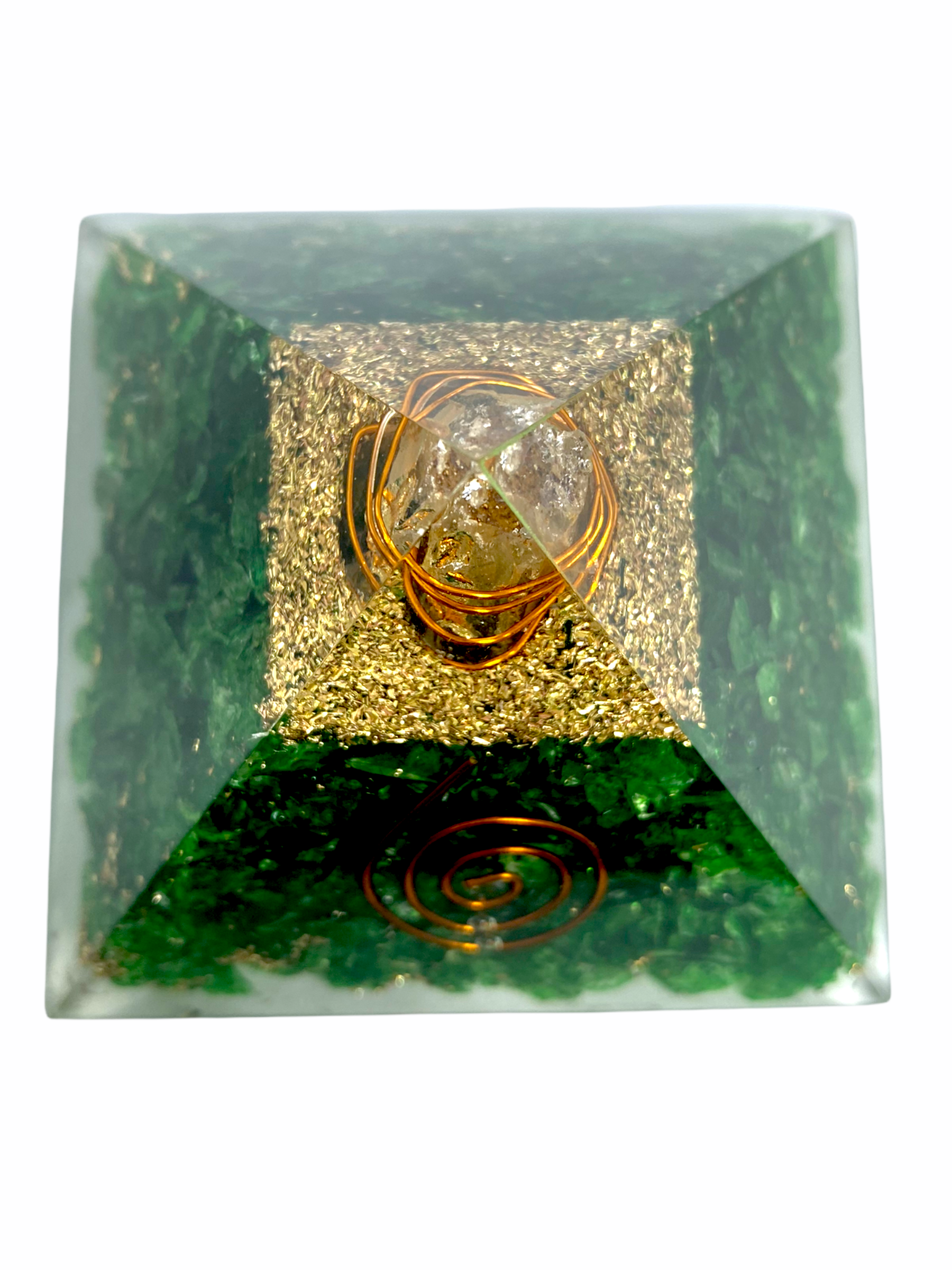 Spiritual Elementz Reiki Charged Chakra Healing Green Aventurine Orgone Pyramid (3' Inch) with Clear Crystal Gemstone Copper Metal (Stone of Completeness)