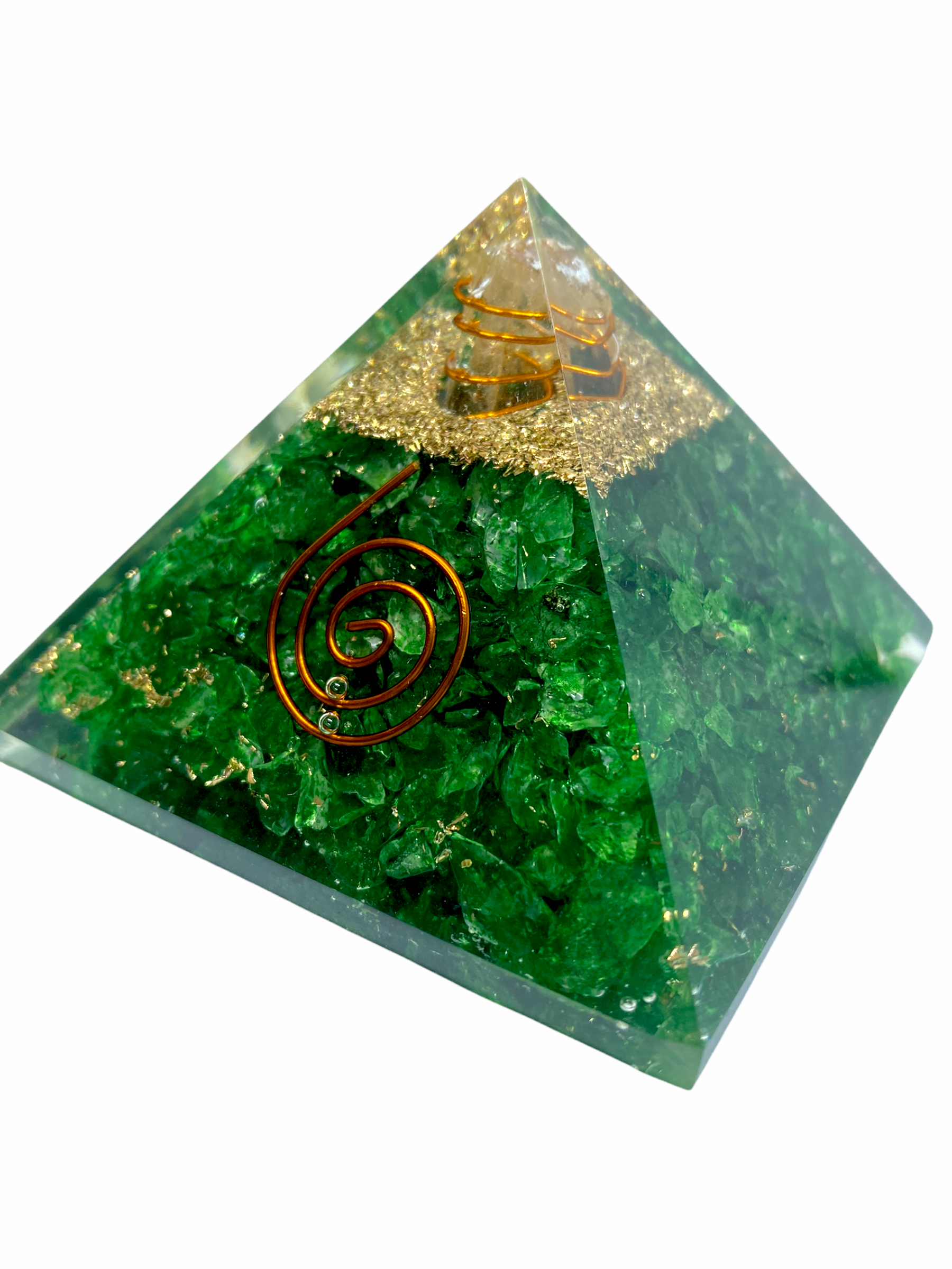 Spiritual Elementz Reiki Charged Chakra Healing Green Aventurine Orgone Pyramid (3' Inch) with Clear Crystal Gemstone Copper Metal (Stone of Completeness)