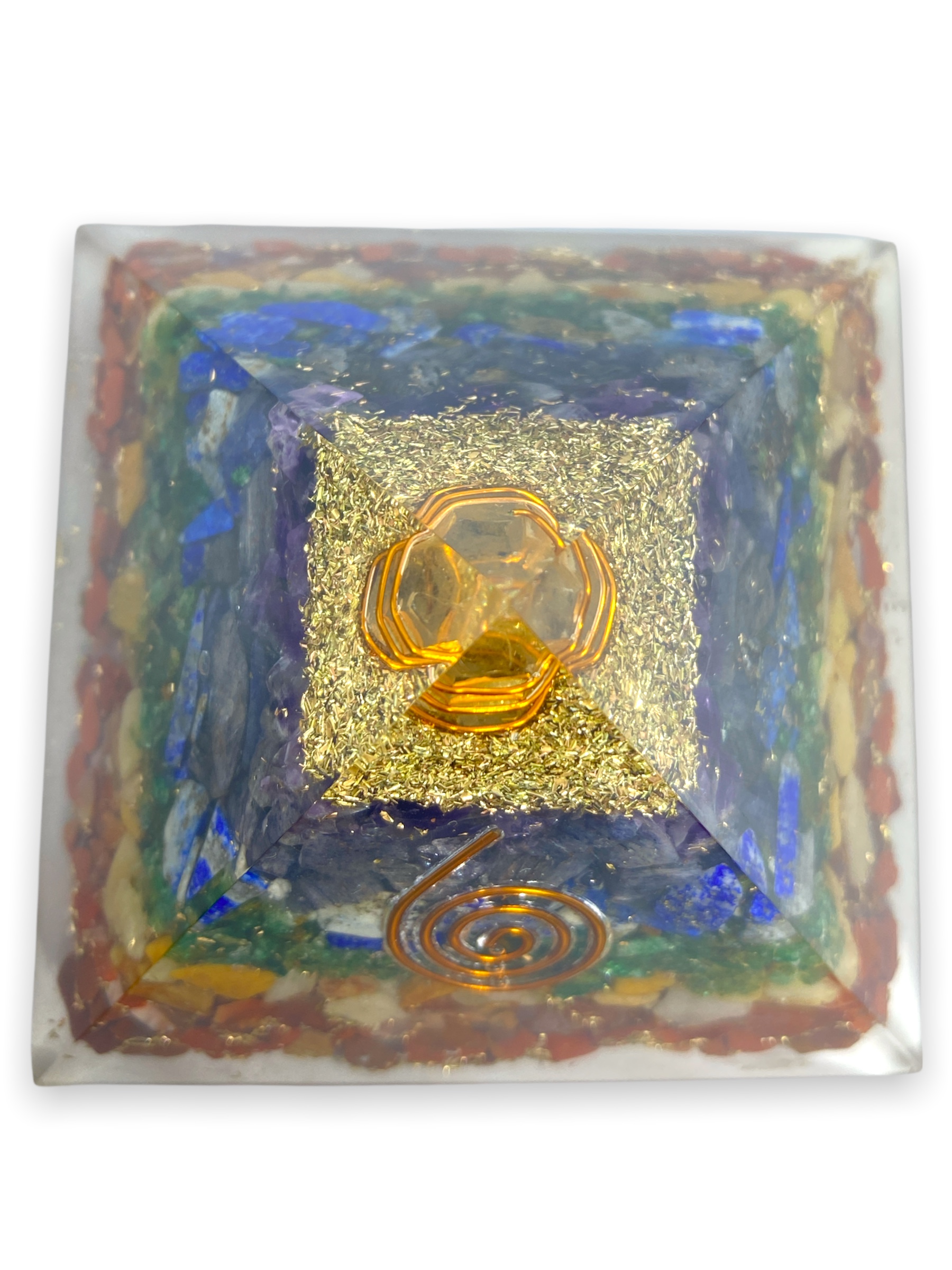 Spiritual Elementz Reiki Charged Chakra Healing 7 Chakra Orgone Pyramid (3 Inch) with Clear Crystal Gemstone Copper Metal (Seven Layers of Aura)