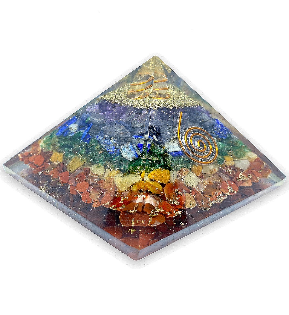 Spiritual Elementz Reiki Charged Chakra Healing 7 Chakra Orgone Pyramid (3 Inch) with Clear Crystal Gemstone Copper Metal (Seven Layers of Aura)