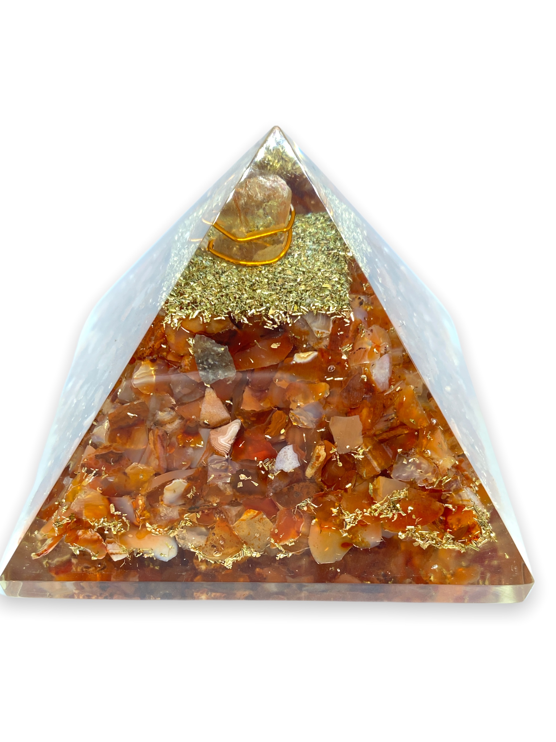Spiritual Elementz Reiki Charged Carnelian Orgone Pyramid (3' inch) with Clear Crystal Gemstone Copper Metal