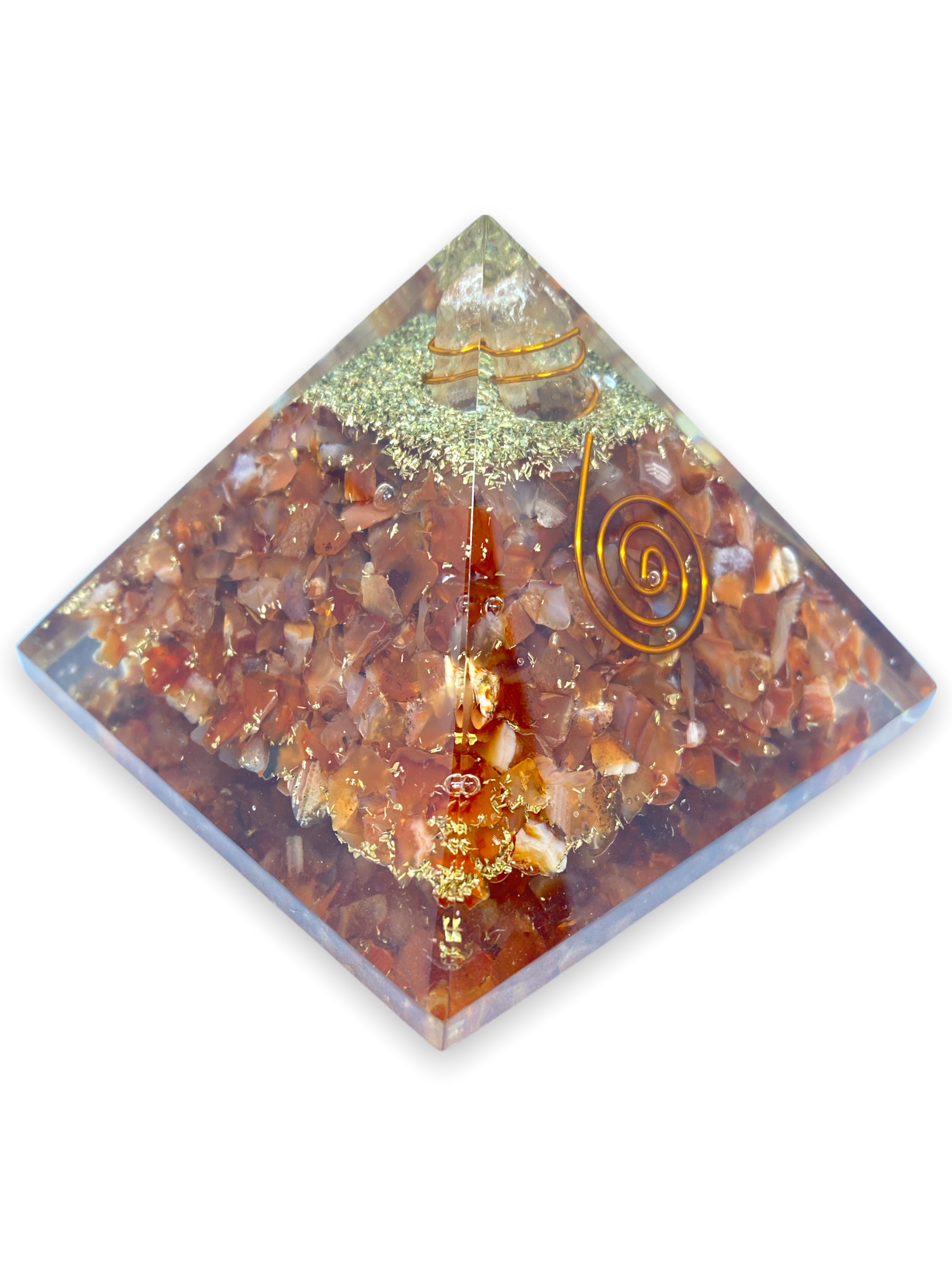 Spiritual Elementz Reiki Charged Carnelian Orgone Pyramid (3' inch) with Clear Crystal Gemstone Copper Metal
