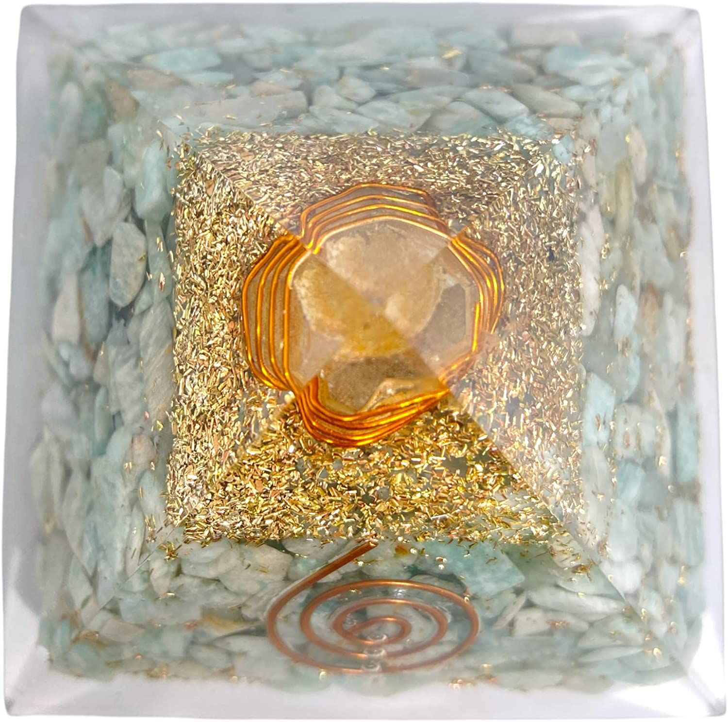 Spiritual Elementz Orgone Pyramid Amazonite Crystal and Healing Stones Reiki Charged Chakra (3'Inch) with Clear Gemstone Copper Metal (Stone for Success and Abundance)