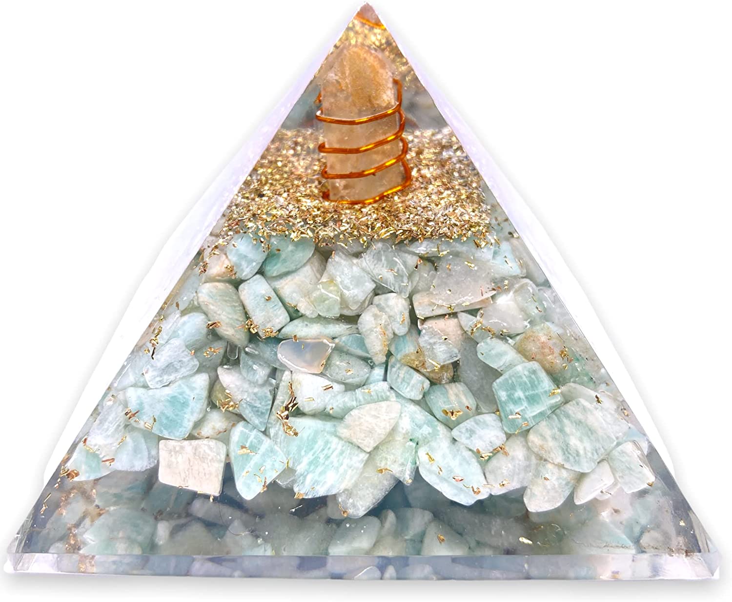 Spiritual Elementz Orgone Pyramid Amazonite Crystal and Healing Stones Reiki Charged Chakra (3'Inch) with Clear Gemstone Copper Metal (Stone for Success and Abundance)