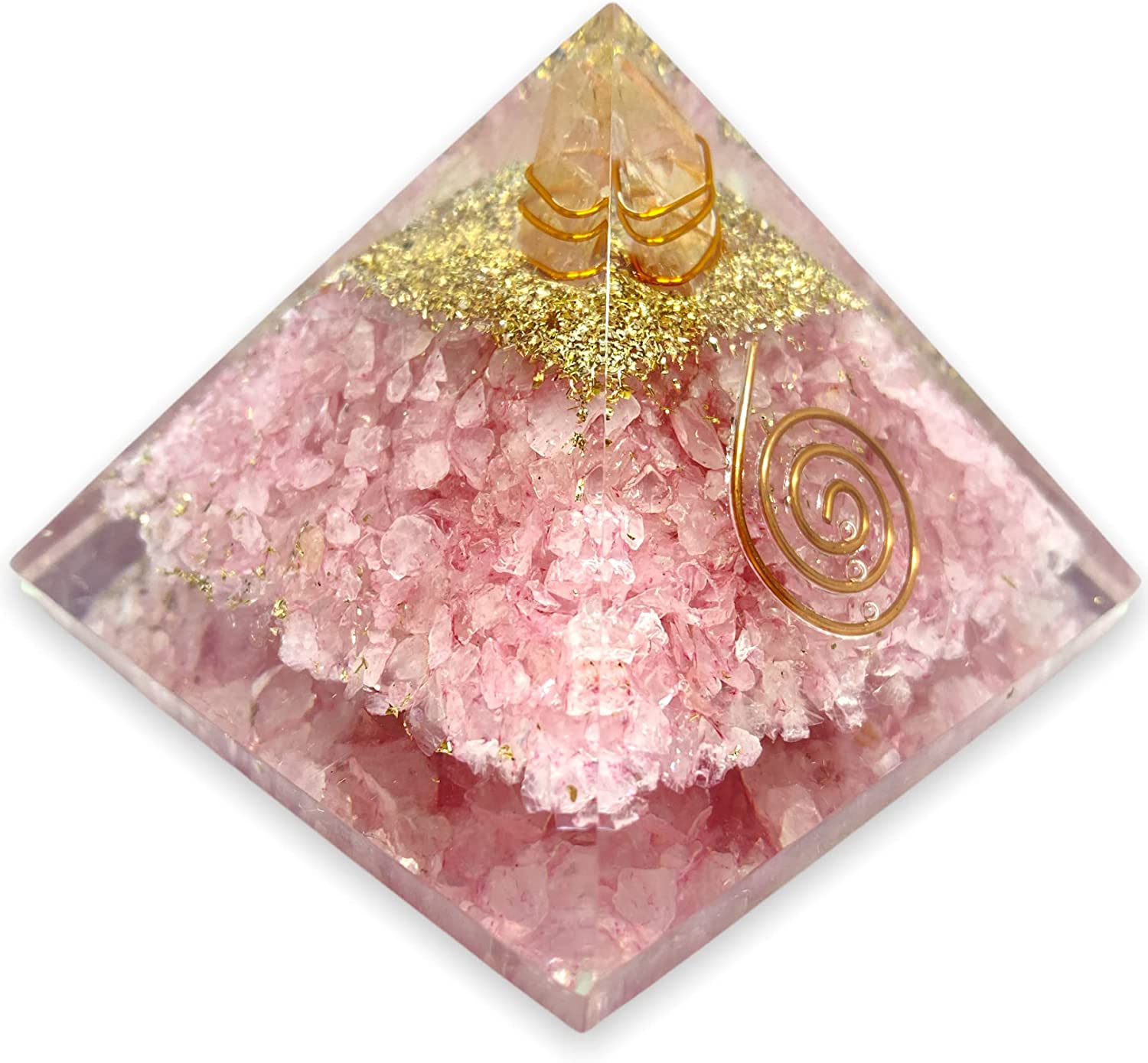 Spiritual Elementz Orgone Pyramid Rose Quartz Crystal and Healing Stones Reiki Charged Chakra (3'Inch) with Clear Gemstone Copper Metal (Stone of Love)