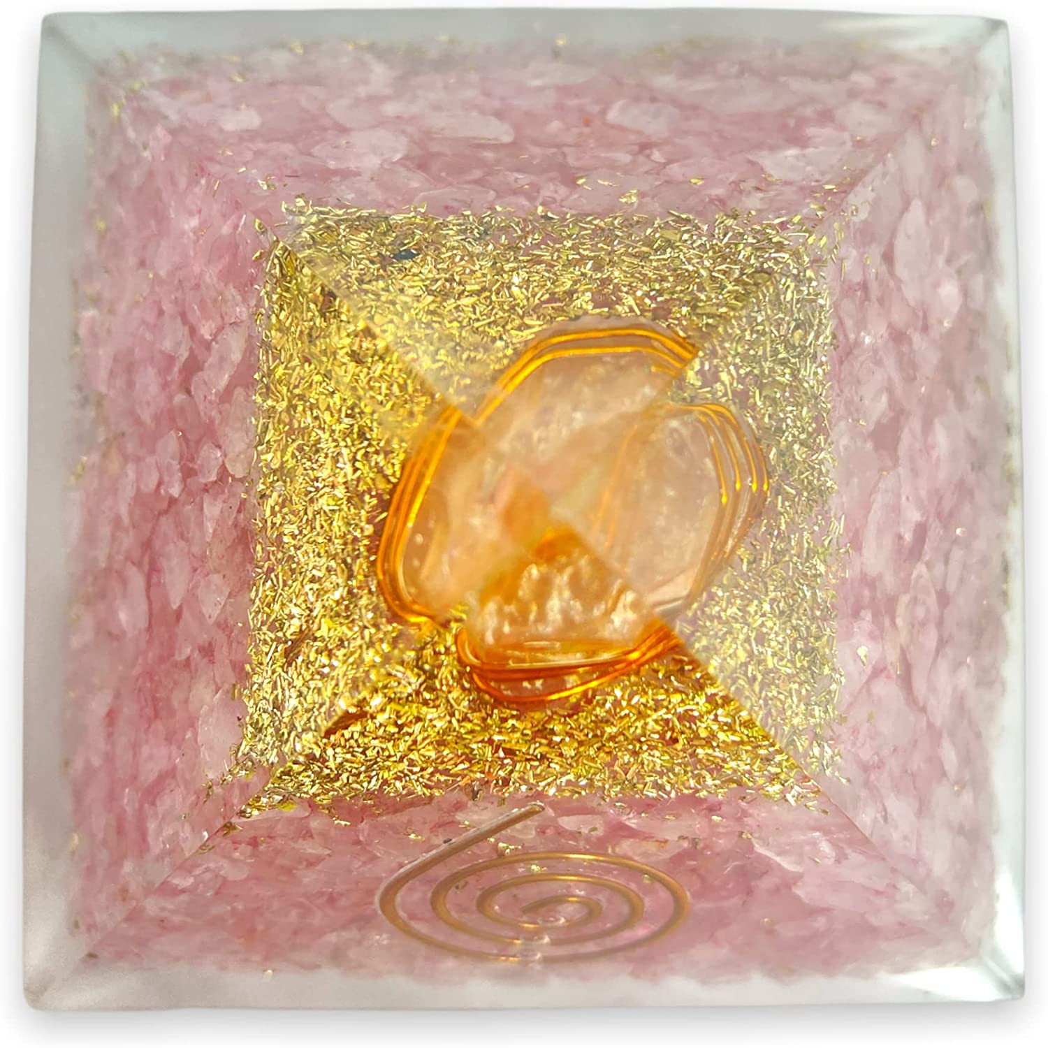 Spiritual Elementz Orgone Pyramid Rose Quartz Crystal and Healing Stones Reiki Charged Chakra (3'Inch) with Clear Gemstone Copper Metal (Stone of Love)