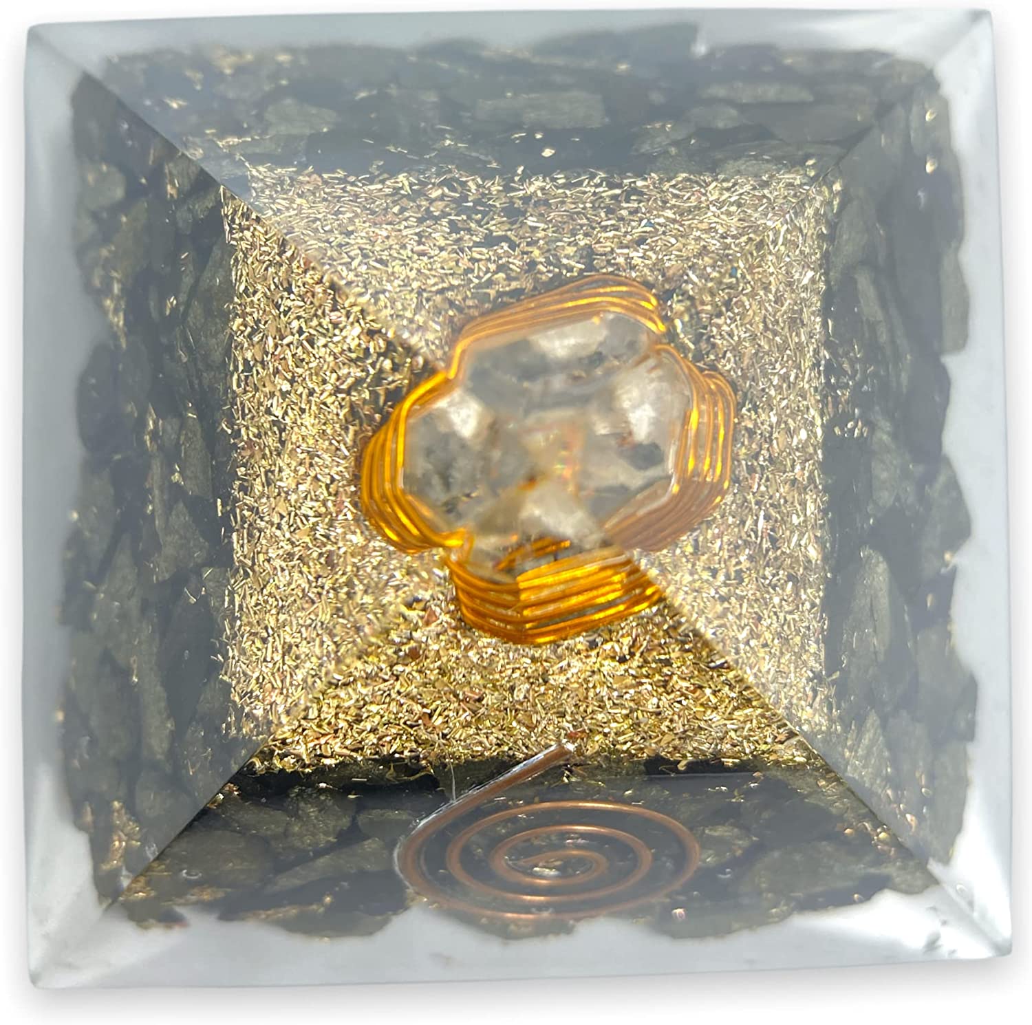 Spiritual Elementz Orgone Pyramid Pyrite Crystal and Healing Stones Reiki Charged Chakra (3'Inch) with Clear Gemstone Copper Metal (Stone of Luck)