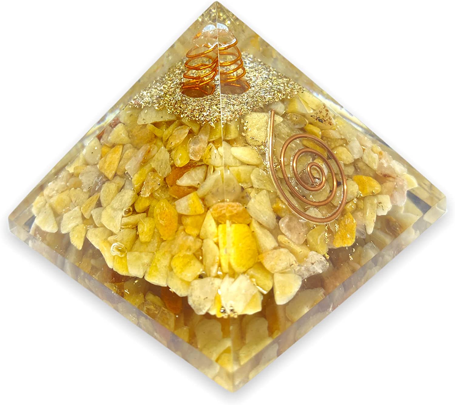 Spiritual Elementz Orgone Pyramid Yellow Aventurine Crystal and Healing Stones Reiki Charged Chakra (3'Inch) with Clear Gemstone Copper Metal (Stone for Balancing The Yin-Yang)