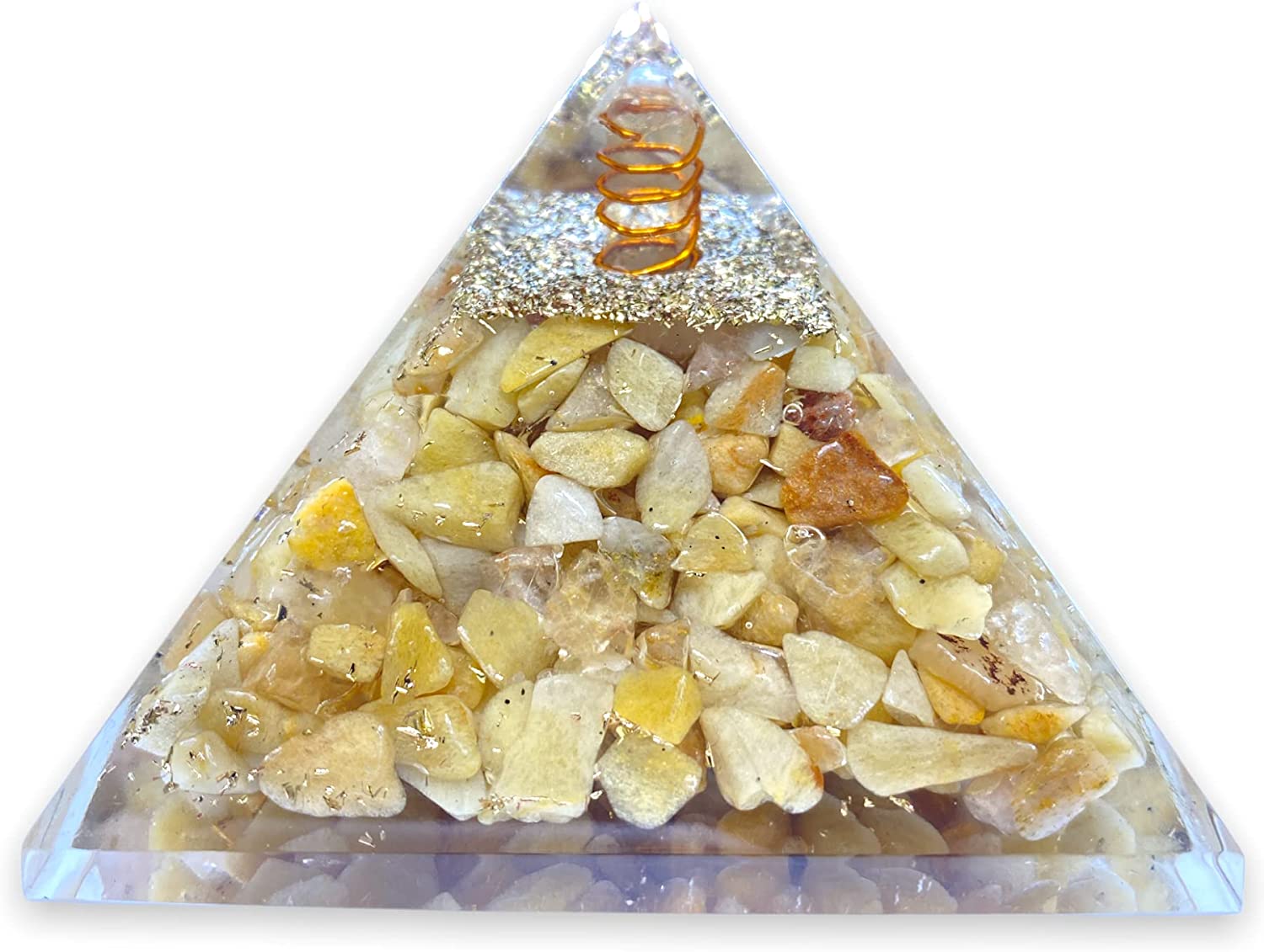 Spiritual Elementz Orgone Pyramid Yellow Aventurine Crystal and Healing Stones Reiki Charged Chakra (3'Inch) with Clear Gemstone Copper Metal (Stone for Balancing The Yin-Yang)