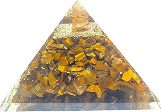 Spiritual Elementz Orgone Pyramid Tiger Eye Crystal and Healing Stones Reiki Charged Chakra (3'Inch) with Clear Gemstone Copper Metal (Stone for Protection & Harmony)