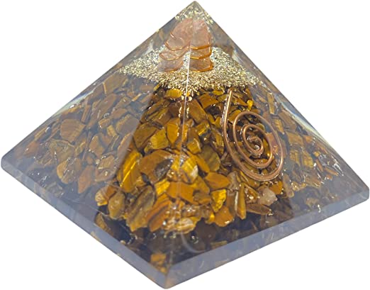 Spiritual Elementz Orgone Pyramid Tiger Eye Crystal and Healing Stones Reiki Charged Chakra (3'Inch) with Clear Gemstone Copper Metal (Stone for Protection & Harmony)