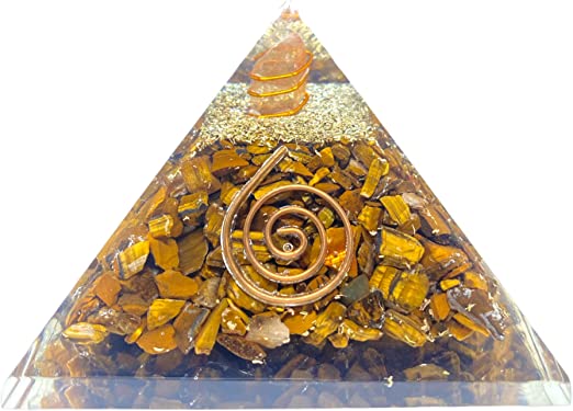 Spiritual Elementz Orgone Pyramid Tiger Eye Crystal and Healing Stones Reiki Charged Chakra (3'Inch) with Clear Gemstone Copper Metal (Stone for Protection & Harmony)