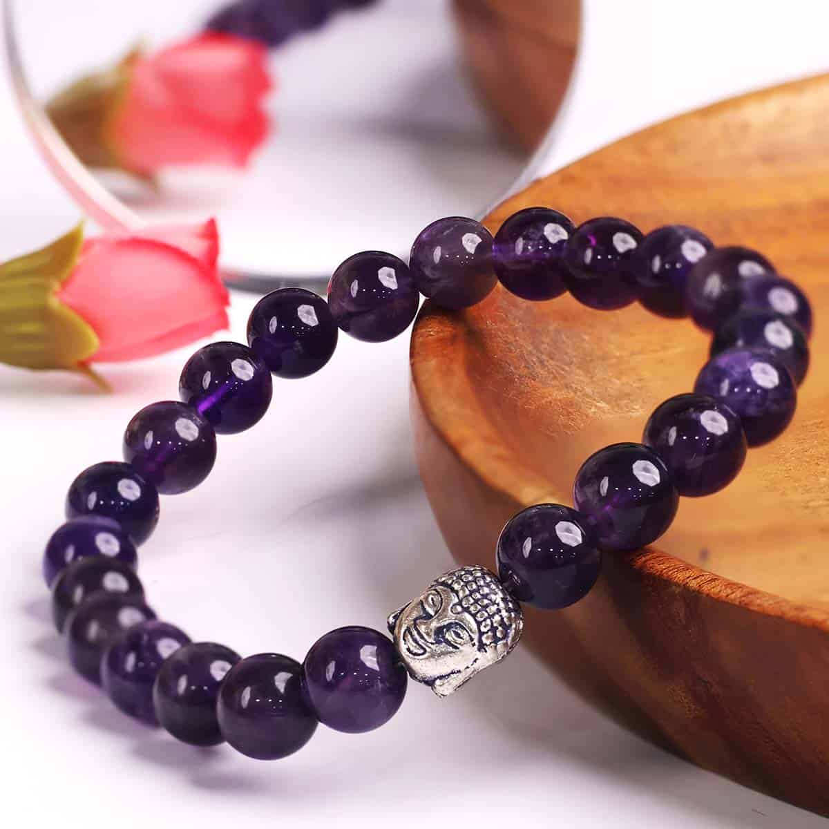 Spiritual Elementz Reiki Charged Amethyst Natural Gemstone (7-8 mm) Stretch Bracelet Unisex for Healing (Stone of Spirituality & Peace of Mind)