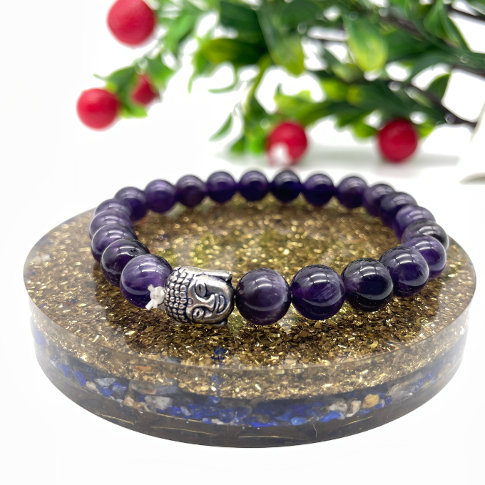 Spiritual Elementz Reiki Charged Amethyst Natural Gemstone (7-8 mm) Stretch Bracelet Unisex for Healing (Stone of Spirituality & Peace of Mind)