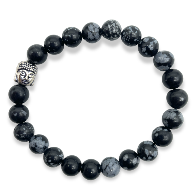 Spiritual Elementz Reiki Charged Gift Natural Gemstone (7-8 mm) (21-24 Beads) Snowflake Obsidian Gemstone Chakra Stretch Bracelet Unisex for Healing (Stone of Strengths).