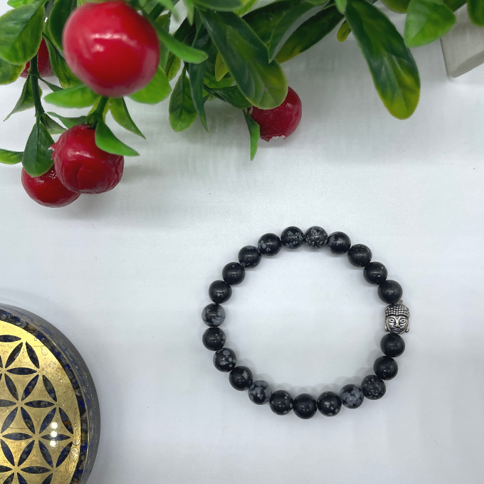 Spiritual Elementz Reiki Charged Gift Natural Gemstone (7-8 mm) (21-24 Beads) Snowflake Obsidian Gemstone Chakra Stretch Bracelet Unisex for Healing (Stone of Strengths).