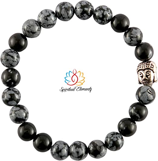 Spiritual Elementz Reiki Charged Gift Natural Gemstone (7-8 mm) (21-24 Beads) Snowflake Obsidian Gemstone Chakra Stretch Bracelet Unisex for Healing (Stone of Strengths).