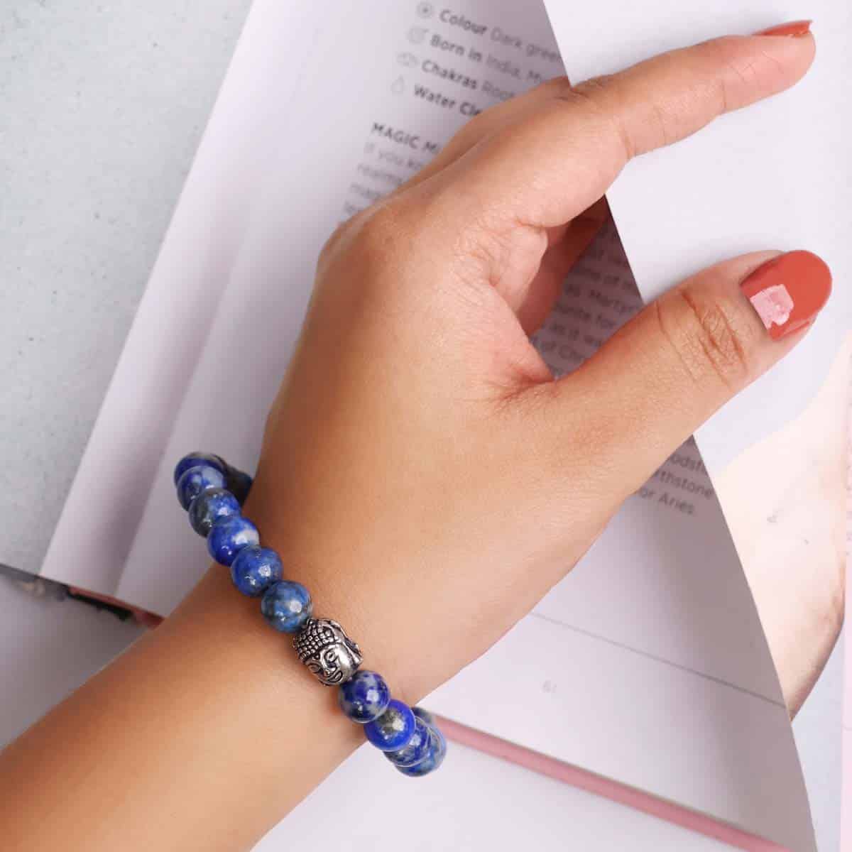 Spiritual Elementz Reiki Charged Gift Natural Stone (7-8 mm) Lapis Lazuli Stone Chakra Stretch Bracelet (21-24 Beads) Unisex for Healing (Stone for Calming The Mind)