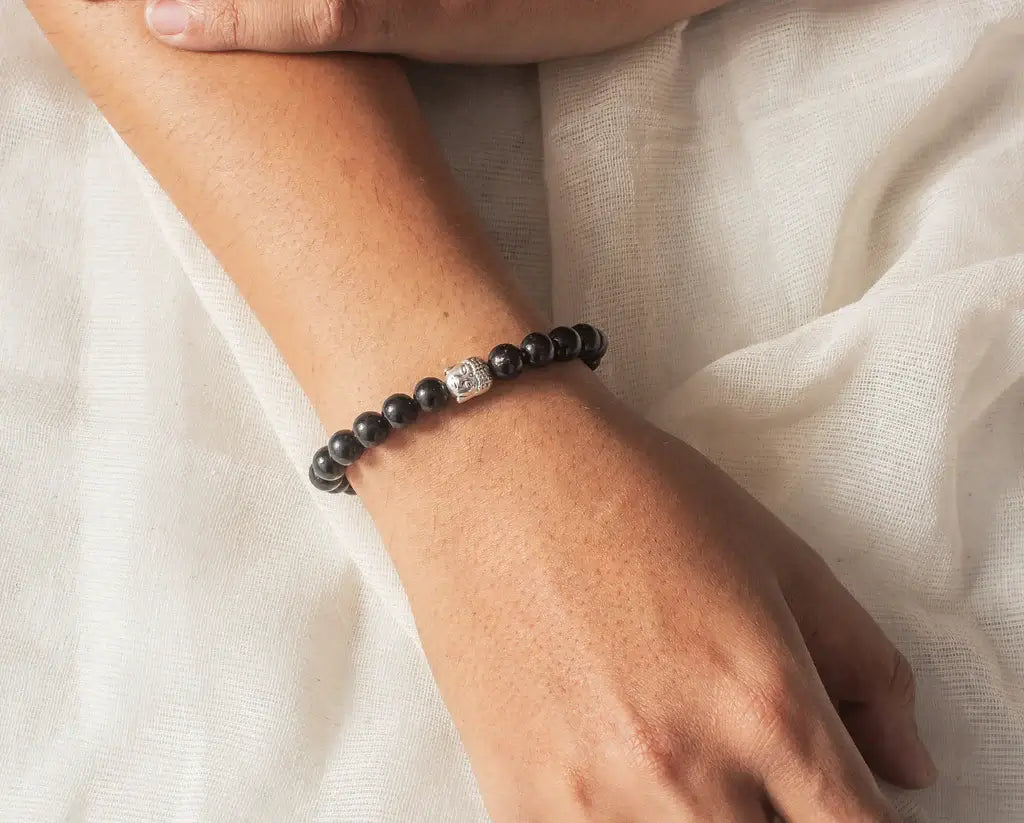 Spiritual Elementz Reiki Charged Gift Natural Gemstone (7-8 mm) Black Obsidian Gemstone Chakra Stretch Bracelet (21-24 Beads) Unisex for Healing (Stone of Healing Dark Sides)