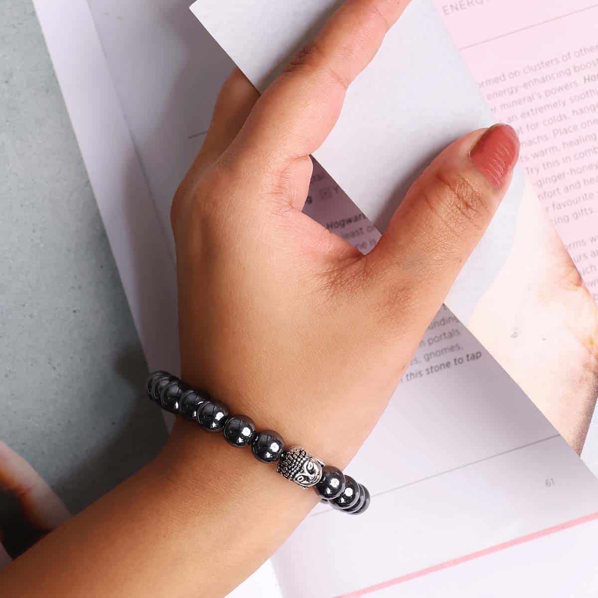 Spiritual Elementz Reiki Charged Gift Natural Beads Hematite Bracelet Gemstone Chakra Stretch Bracelet 7-8 mm (21-24 Beads) Unisex for Healing (Stone for Clearing Away Negative Feelings)
