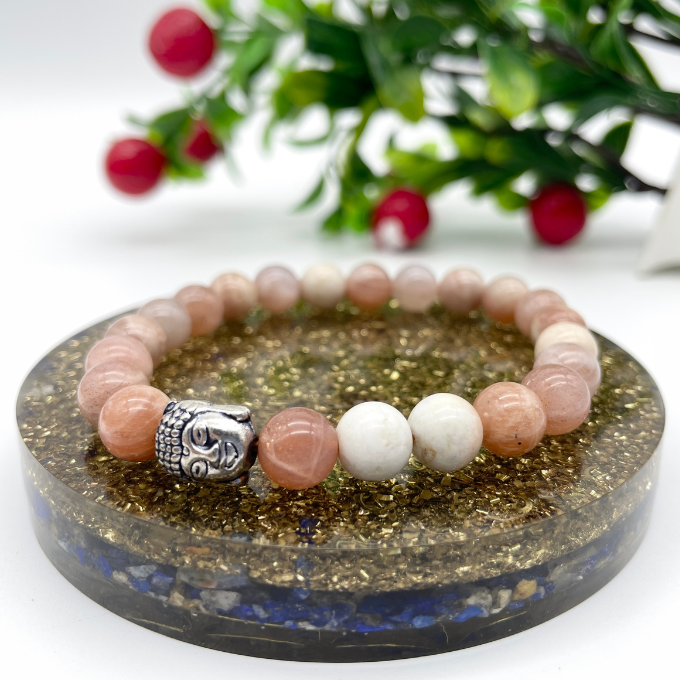 Spiritual Elementz Reiki Charged Gift Natural Gemstone (7-8 mm) Peach Moonstone Gemstone Bracelet (21-24 Beads) Unisex for Healing