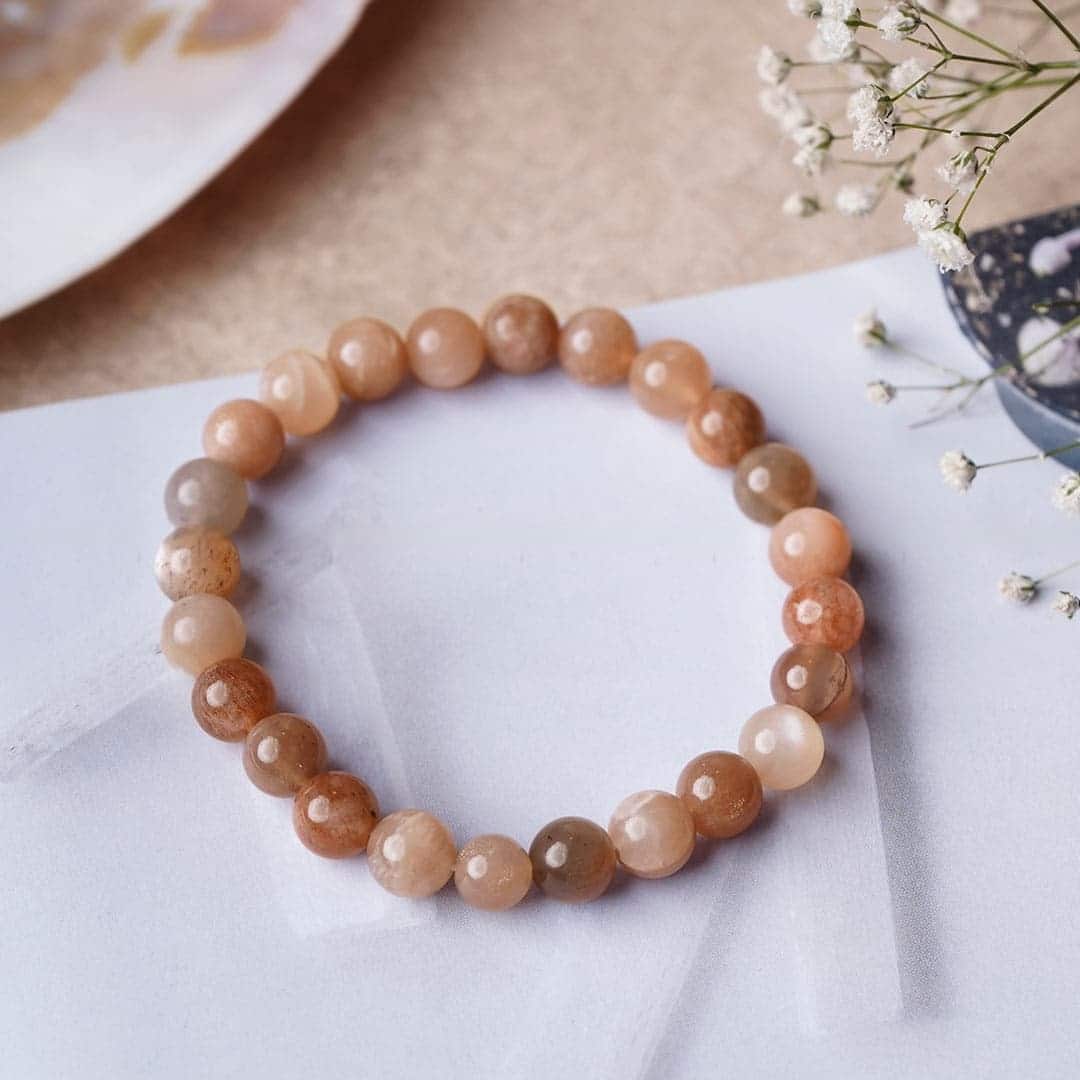 Spiritual Elementz Reiki Charged Gift Natural Gemstone (7-8 mm) Peach Moonstone Gemstone Bracelet (21-24 Beads) Unisex for Healing