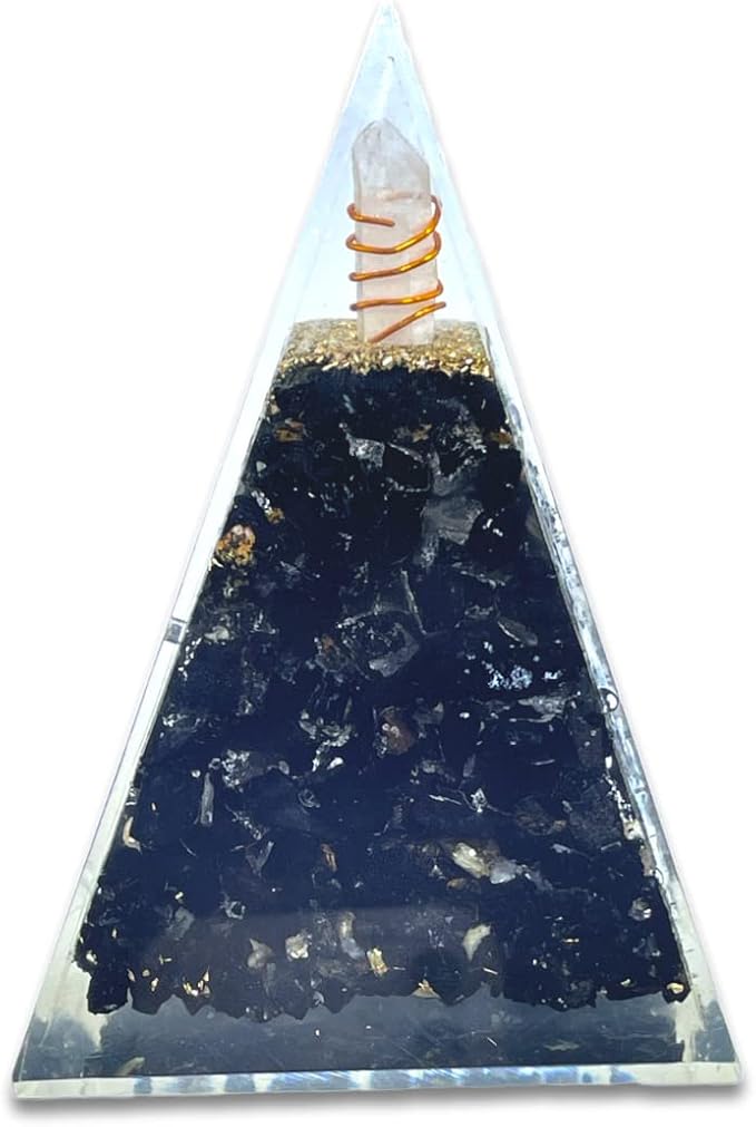 Spiritual Elementz Reiki Energized Chakra Healing Nubian Black Tourmaline Orgone Pyramid with Clear Crystal Gemstone Copper Metal (Stone for a Protective Wall Against The Negative Energies).
