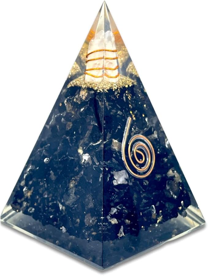 Spiritual Elementz Reiki Energized Chakra Healing Nubian Black Tourmaline Orgone Pyramid with Clear Crystal Gemstone Copper Metal (Stone for a Protective Wall Against The Negative Energies).