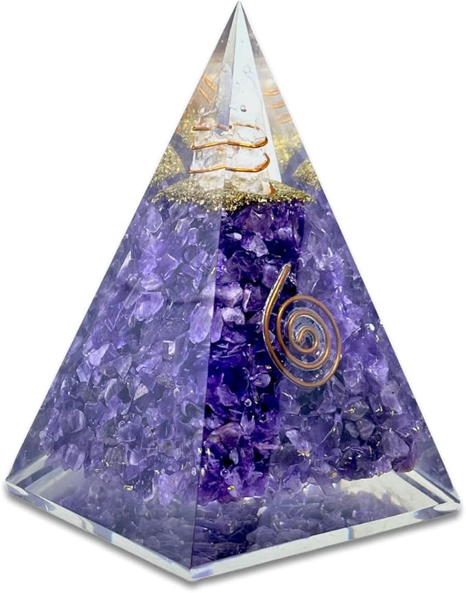 Spiritual Elementz Reiki Charged Chakra Healing Nubian Amethyst Orgone Pyramid with Clear Crystal Gemstone Copper Metal (Stone of Spirituality & Peace of Mind).