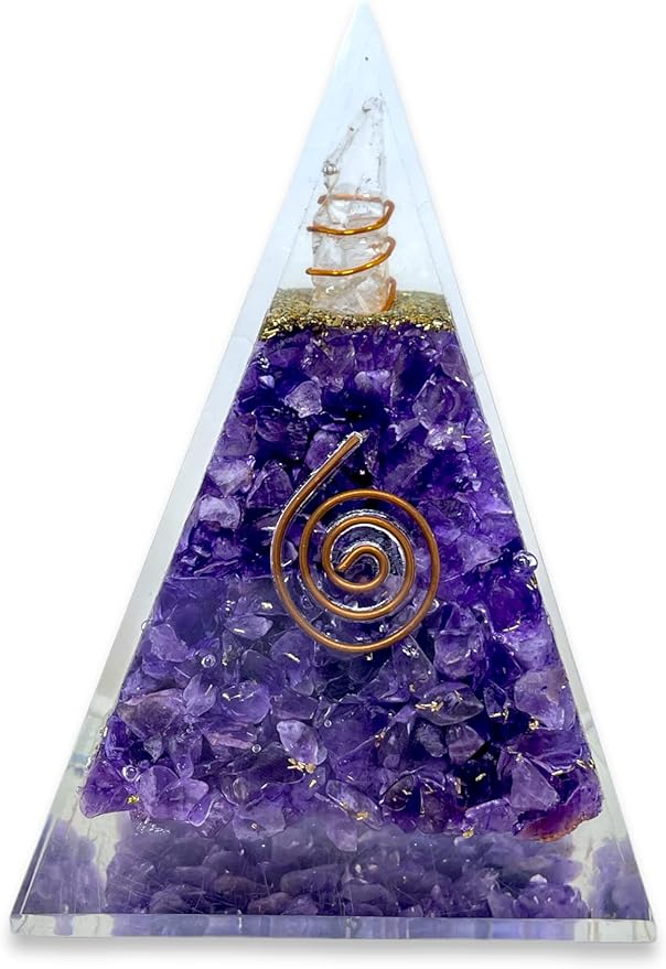 Spiritual Elementz Reiki Charged Chakra Healing Nubian Amethyst Orgone Pyramid with Clear Crystal Gemstone Copper Metal (Stone of Spirituality & Peace of Mind).