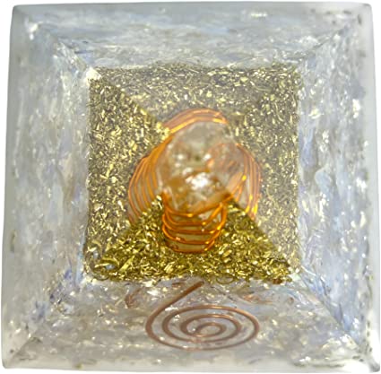 Spiritual Elementz Orgone Pyramid Opalite Crystal and Healing Stones Reiki Charged Chakra (3'Inch) with Clear Gemstone Copper Metal (Stone for Protection & Harmony)