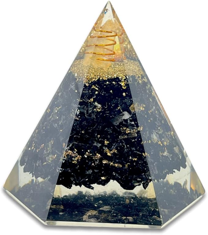 Spiritual Elementz Reiki Energized Chakra Healing Black Tourmaline Hexa Orgone Pyramid with Clear Crystal Gemstone Copper Metal (Stone for a Protective Wall Against The Negative Energies).