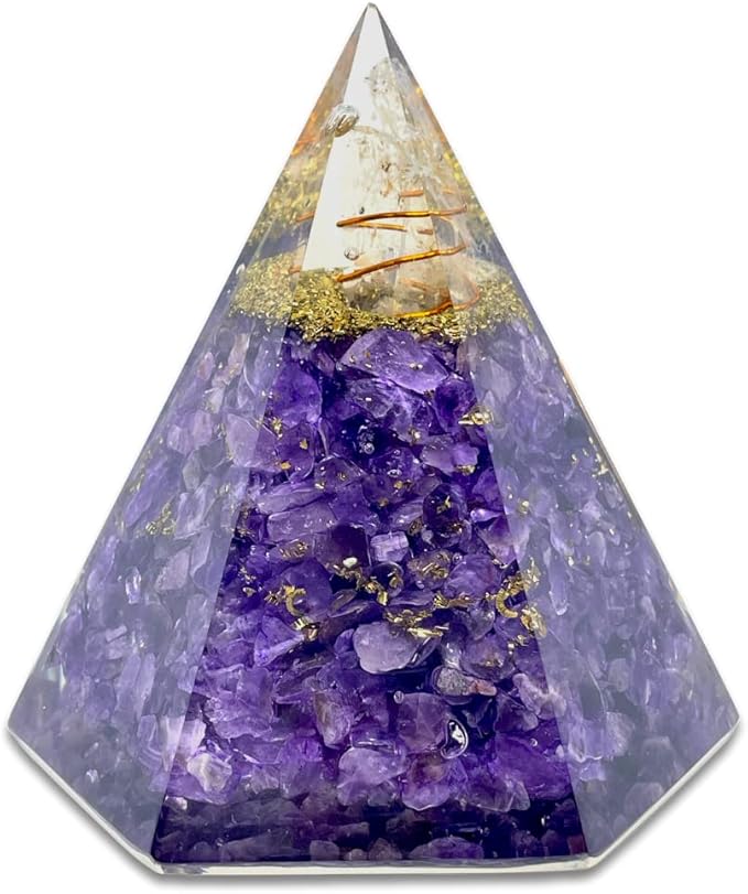 Spiritual Elementz Reiki Charged Chakra Healing Amethyst Hexa Orgone Pyramid with Clear Crystal Gemstone Copper Metal (Stone of Spirituality & Peace of Mind).