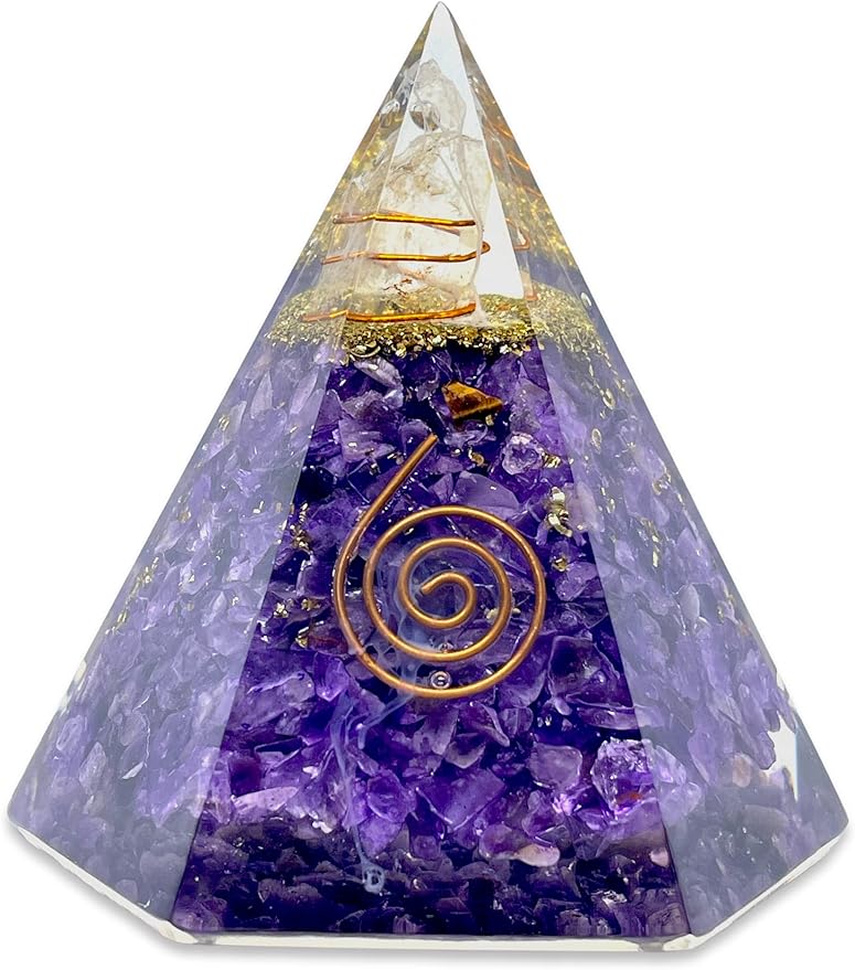 Spiritual Elementz Reiki Charged Chakra Healing Amethyst Hexa Orgone Pyramid with Clear Crystal Gemstone Copper Metal (Stone of Spirituality & Peace of Mind).