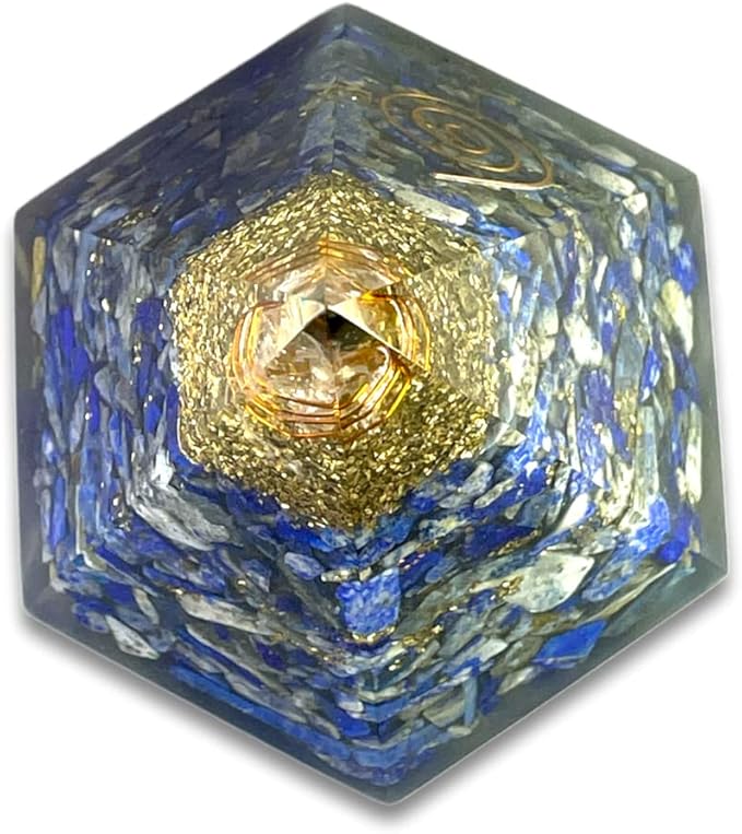 Spiritual Elementz Reiki Charged Chakra Healing Lapis Lazuli Hexa Orgone Pyramid with Clear Crystal Gemstone Copper Metal (for Balancing & Soul Connection).