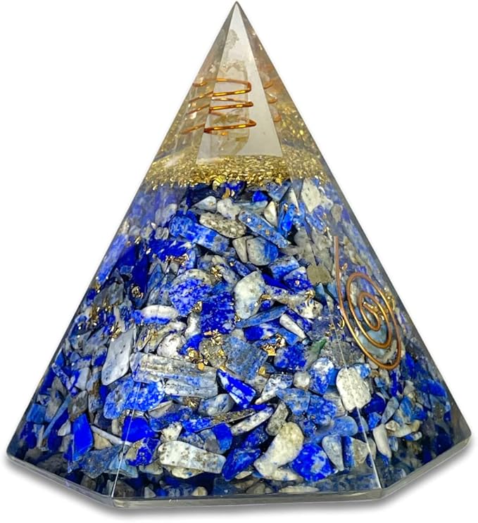 Spiritual Elementz Reiki Charged Chakra Healing Lapis Lazuli Hexa Orgone Pyramid with Clear Crystal Gemstone Copper Metal (for Balancing & Soul Connection).