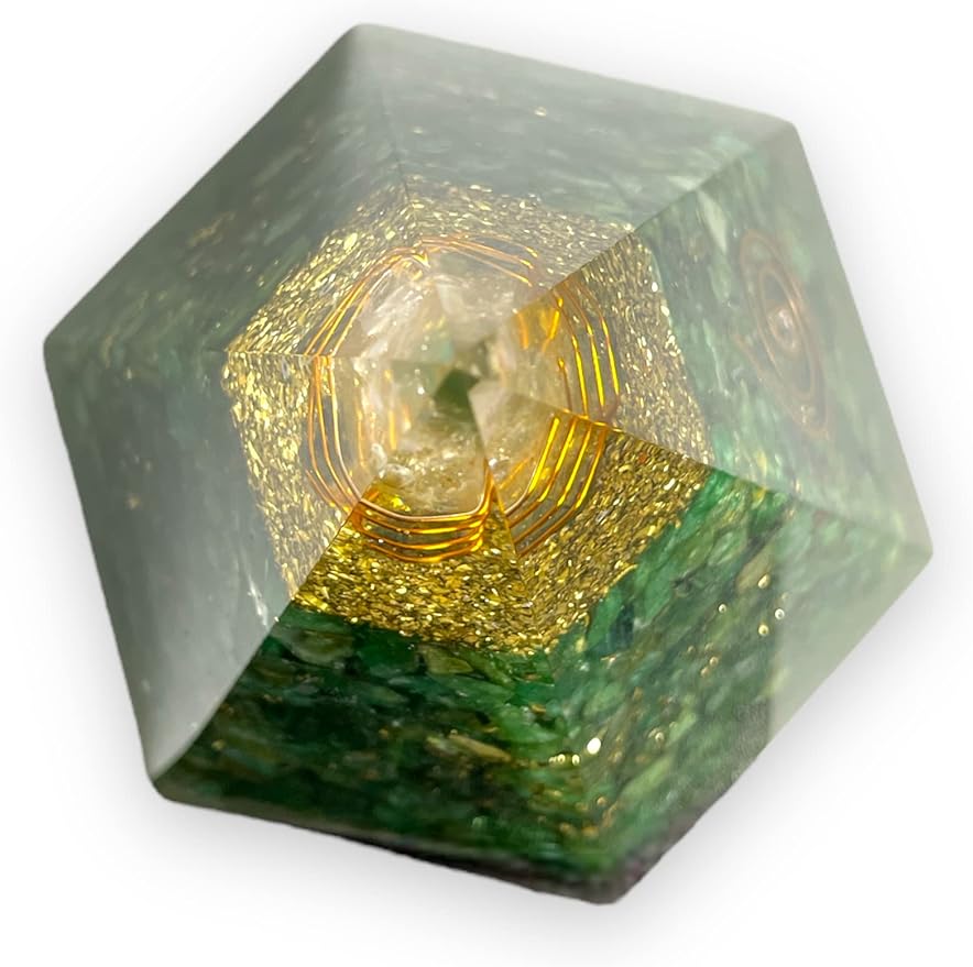 Spiritual Elementz Reiki Charged Chakra Healing Green Aventurine Hexa Orgone Pyramid with Clear Crystal Gemstone Copper Metal (Stone of Completeness).