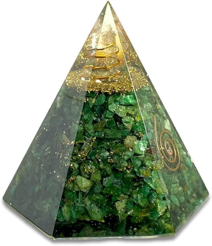 Spiritual Elementz Reiki Charged Chakra Healing Green Aventurine Hexa Orgone Pyramid with Clear Crystal Gemstone Copper Metal (Stone of Completeness).