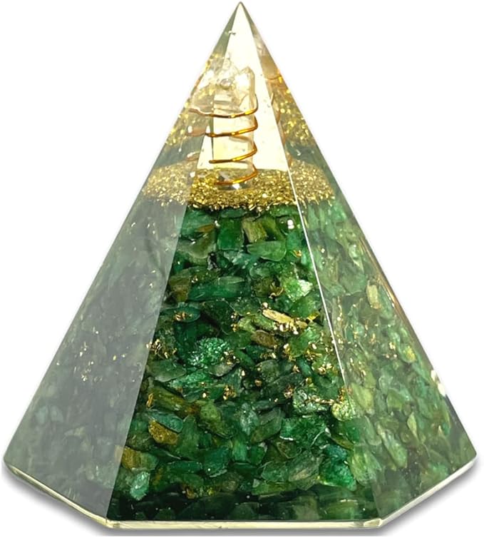 Spiritual Elementz Reiki Charged Chakra Healing Green Aventurine Hexa Orgone Pyramid with Clear Crystal Gemstone Copper Metal (Stone of Completeness).
