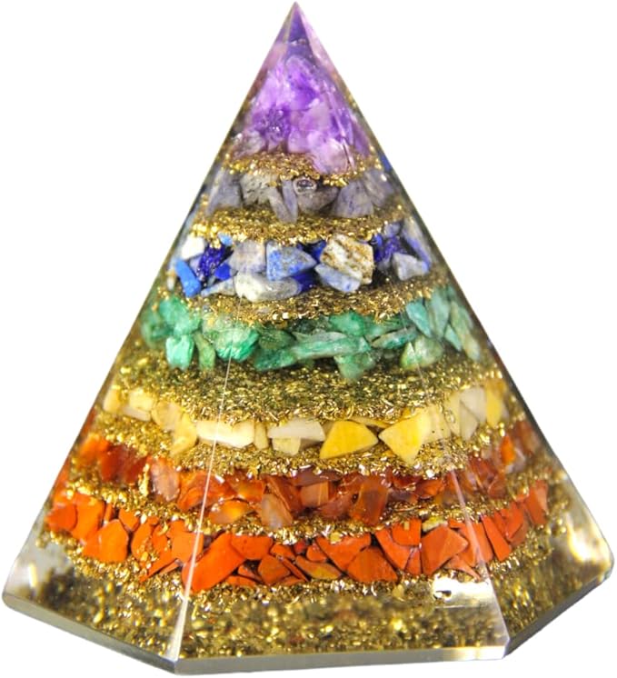 Spiritual Elementz Reiki Energized Chakra Healing 7 Chakra Hexa Orgone Pyramid with Clear Crystal Gemstone Copper Metal/EMF Protection Meditation Yoga Energy Generator (Seven Layers of Aura).