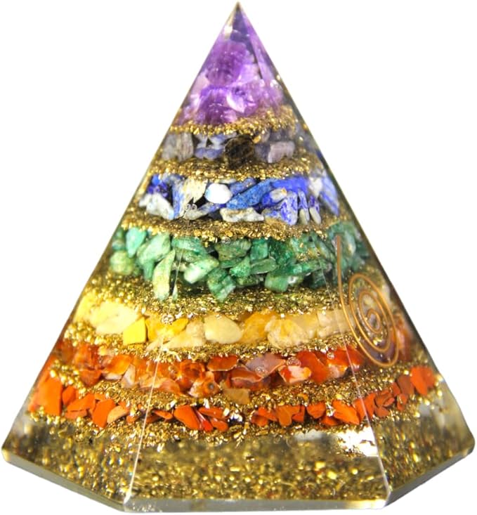 Spiritual Elementz Reiki Energized Chakra Healing 7 Chakra Hexa Orgone Pyramid with Clear Crystal Gemstone Copper Metal/EMF Protection Meditation Yoga Energy Generator (Seven Layers of Aura).