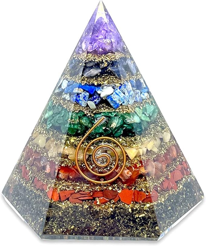 Spiritual Elementz Reiki Energized Chakra Healing 7 Chakra Hexa Orgone Pyramid with Clear Crystal Gemstone Copper Metal/EMF Protection Meditation Yoga Energy Generator (Seven Layers of Aura).