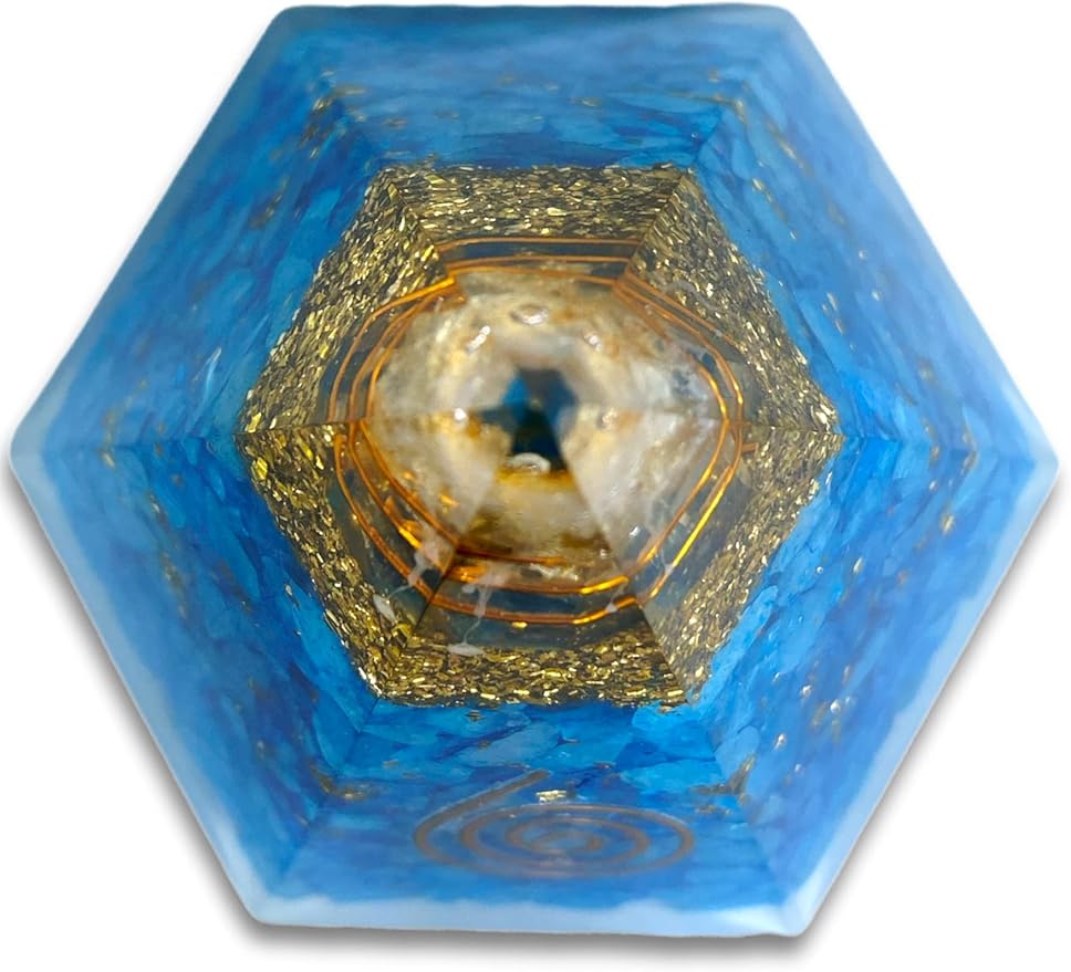 Spiritual Elementz Reiki Charged Chakra Healing Hexa Turquoise Orgone Pyramid with Clear Crystal Gemstone Copper Metal (Stone for Cleanse Your Energy Centers)