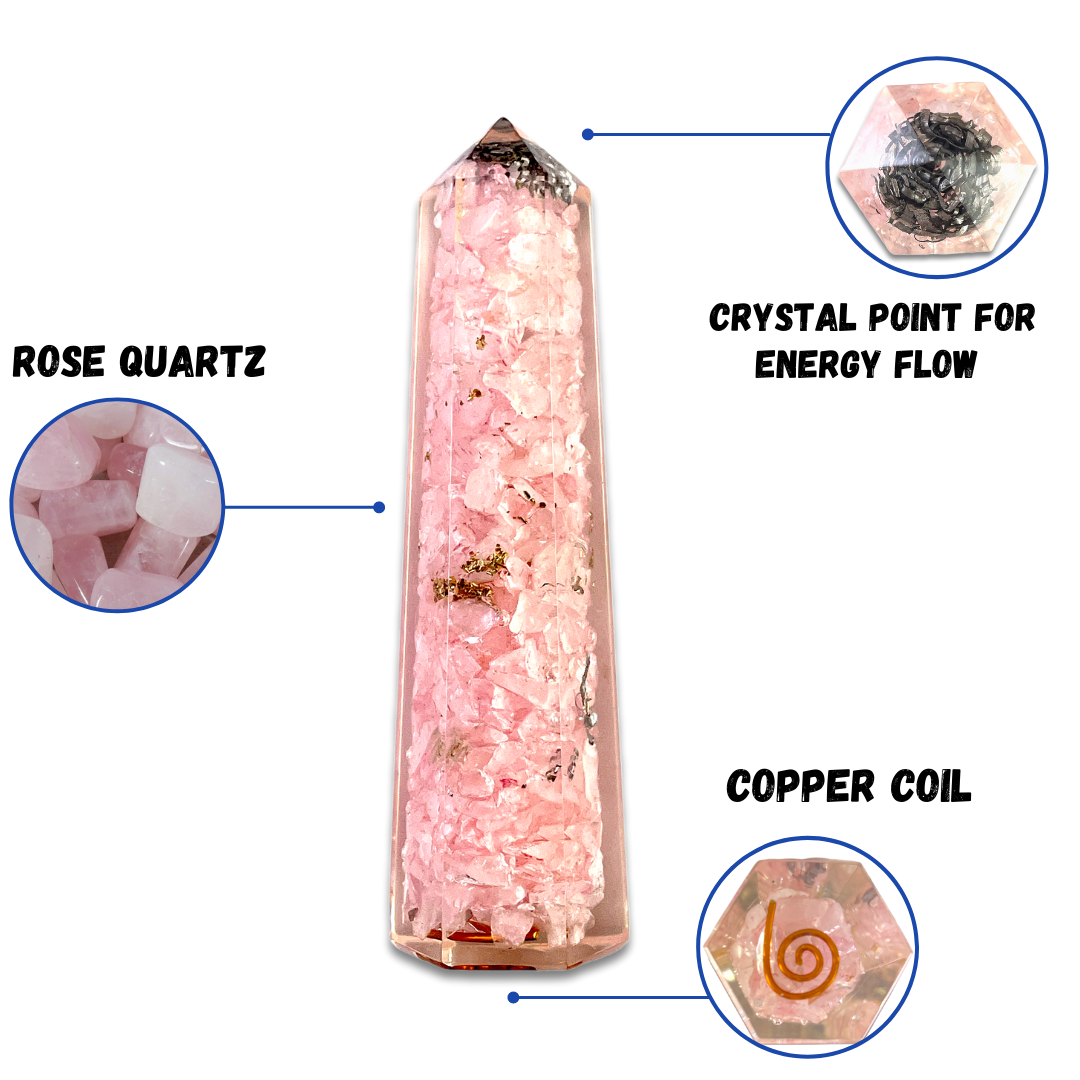 Spiritual Elementz Orgone Tower Rose Quartz Crystal and Healing Stones Reiki Charged Chakra with Clear Gemstone Copper Metal (Stone of Love)