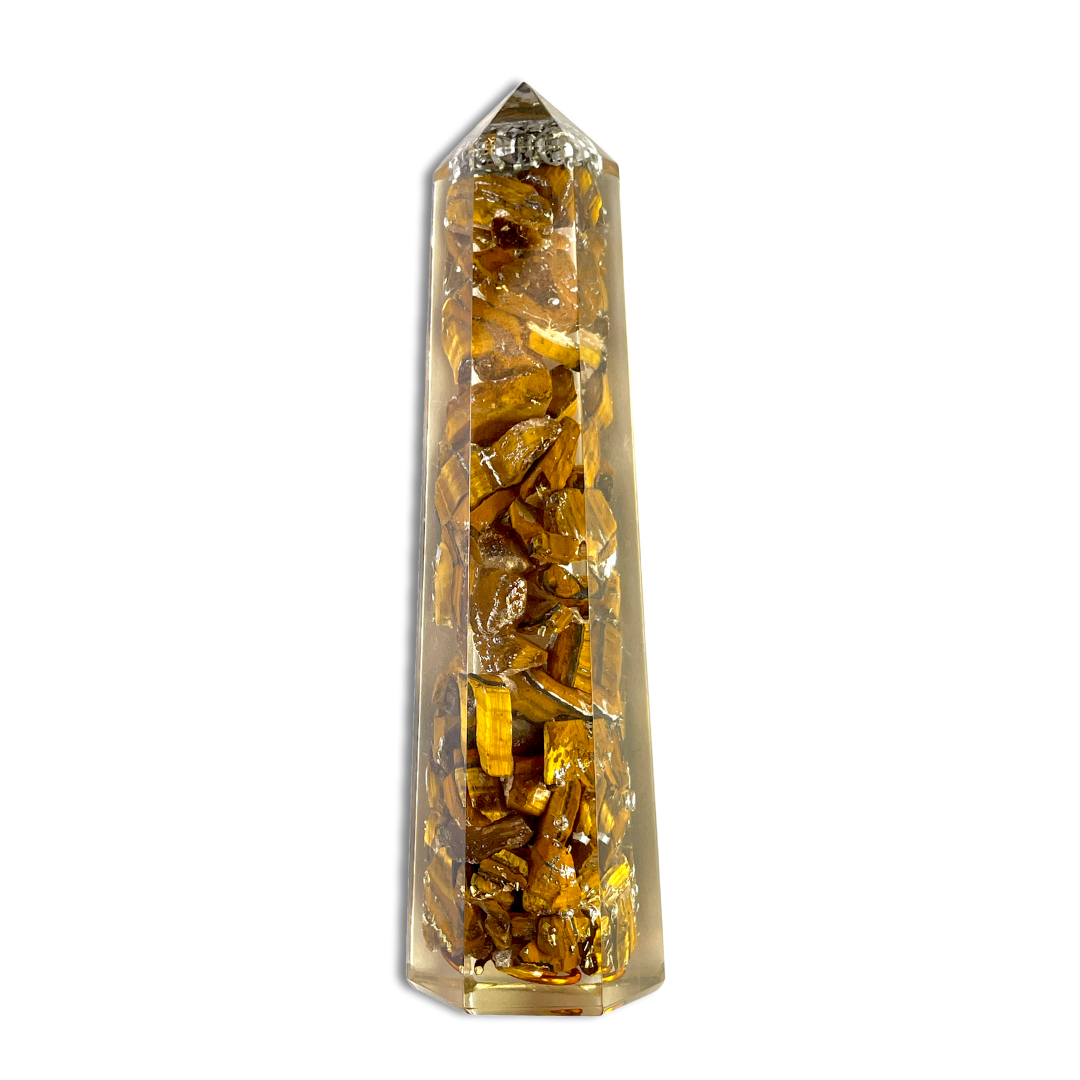 Spiritual Elementz Orgone Tiger Eye Crystal Tower and Healing Stones Reiki Charged Chakra with Clear Gemstone Copper Metal (Stone for Protection & Harmony)